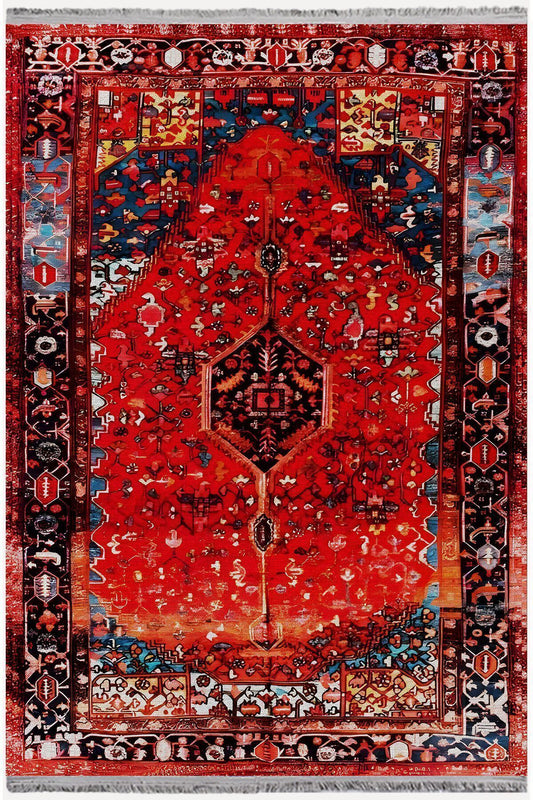 Halı Vagonu Halı95 Kırmızı Tonlarında Klasık Dekoratif Halı Salon Halısı Saçaklı Yıkanabilen Halı