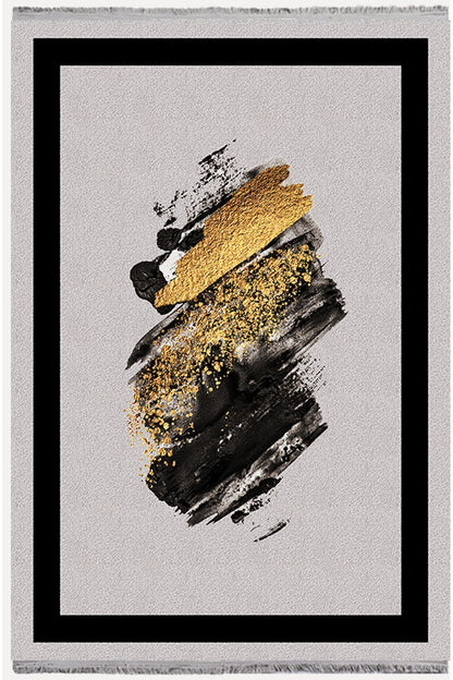 Halı Vagonu Halı 2076 Gri Siyah Bordürlü Soyut Dekoratif Halı Salon Halısı Saçaklı Yıkanabilen Halı