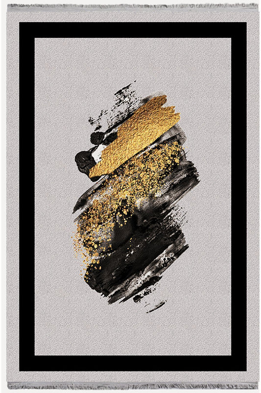 Halı Vagonu Halı 2076 Gri Siyah Bordürlü Soyut Dekoratif Halı Salon Halısı Saçaklı Yıkanabilen Halı