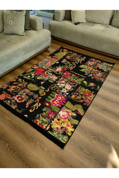 Halı Vagonu Serisi Otantik Çiçekli Patchwork Desen Kaymaz Taban Şönil Halı