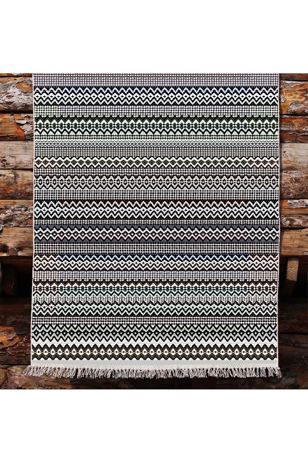 Cotton Kilim 56 Gri Desenli Geleneksel Motifler Modern Dekoratif Saçaklı Yıkanabilen Dokuma Kilim
