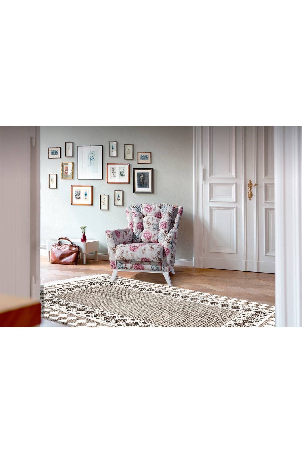 Cotton Serisi Kahve Tonlarında Antika Eskitme Desen Dekoratif Dokuma Taban Kilim