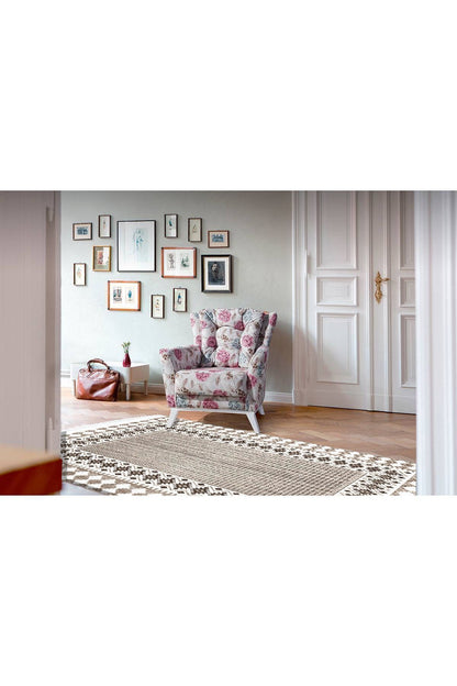 Cotton Serisi Kahve Tonlarında Antika Eskitme Desen Dekoratif Dokuma Taban Kilim