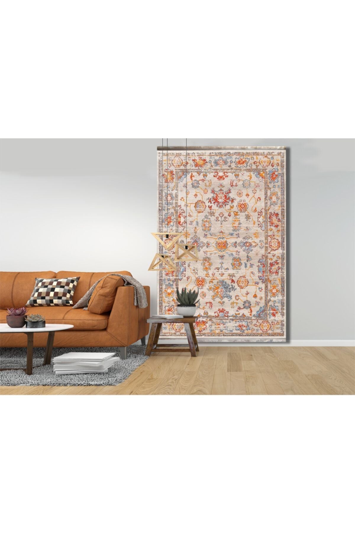 Halı Vagonu 2037 Krem Tonlarında Çiçek Temalı Bordürlü Desen Kaymaz Taban Dekoratifl Halı