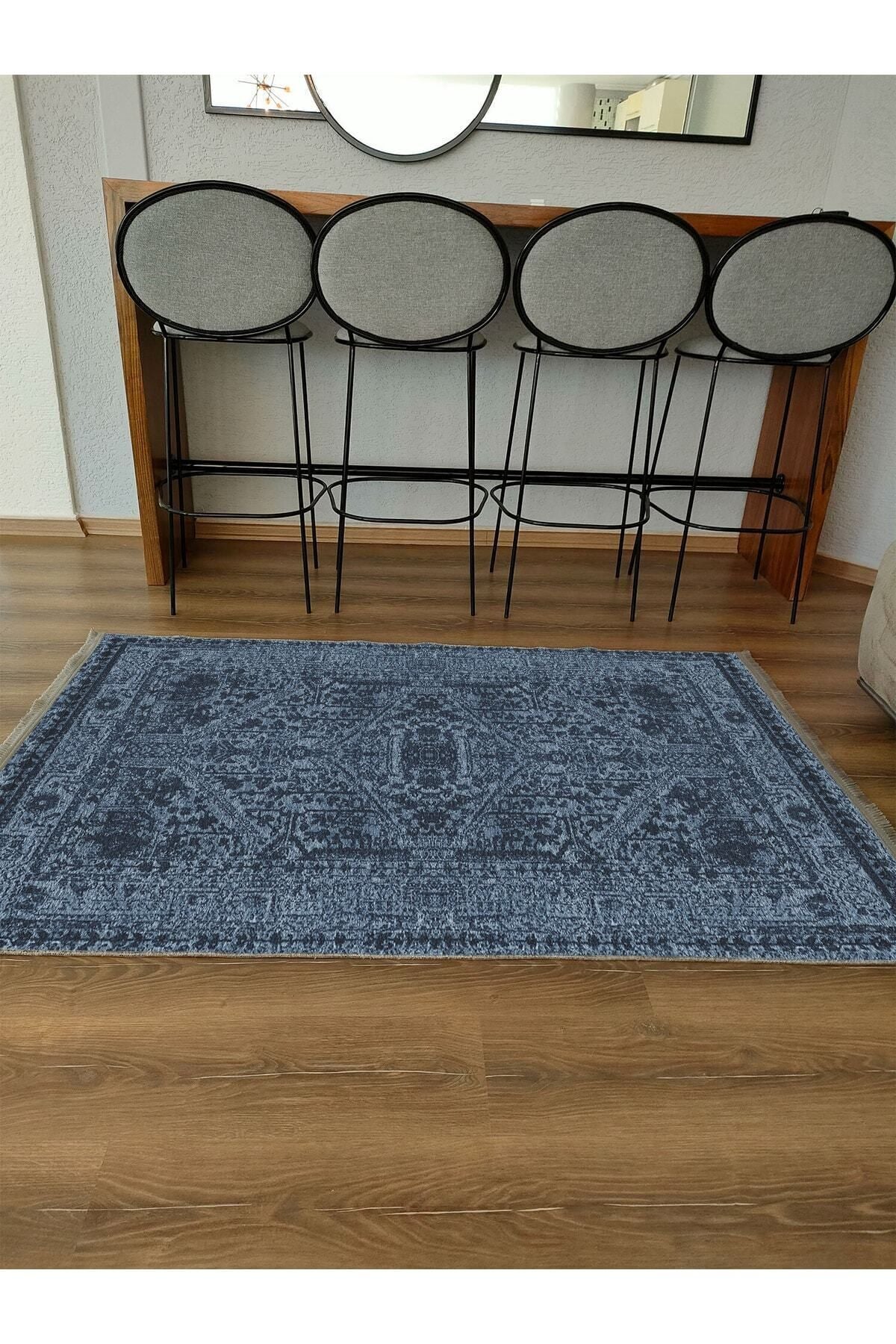 Halı Vagonu Serisi Lacivert Eskitme Antika Desen Kaymaz Taban Şönil Halı