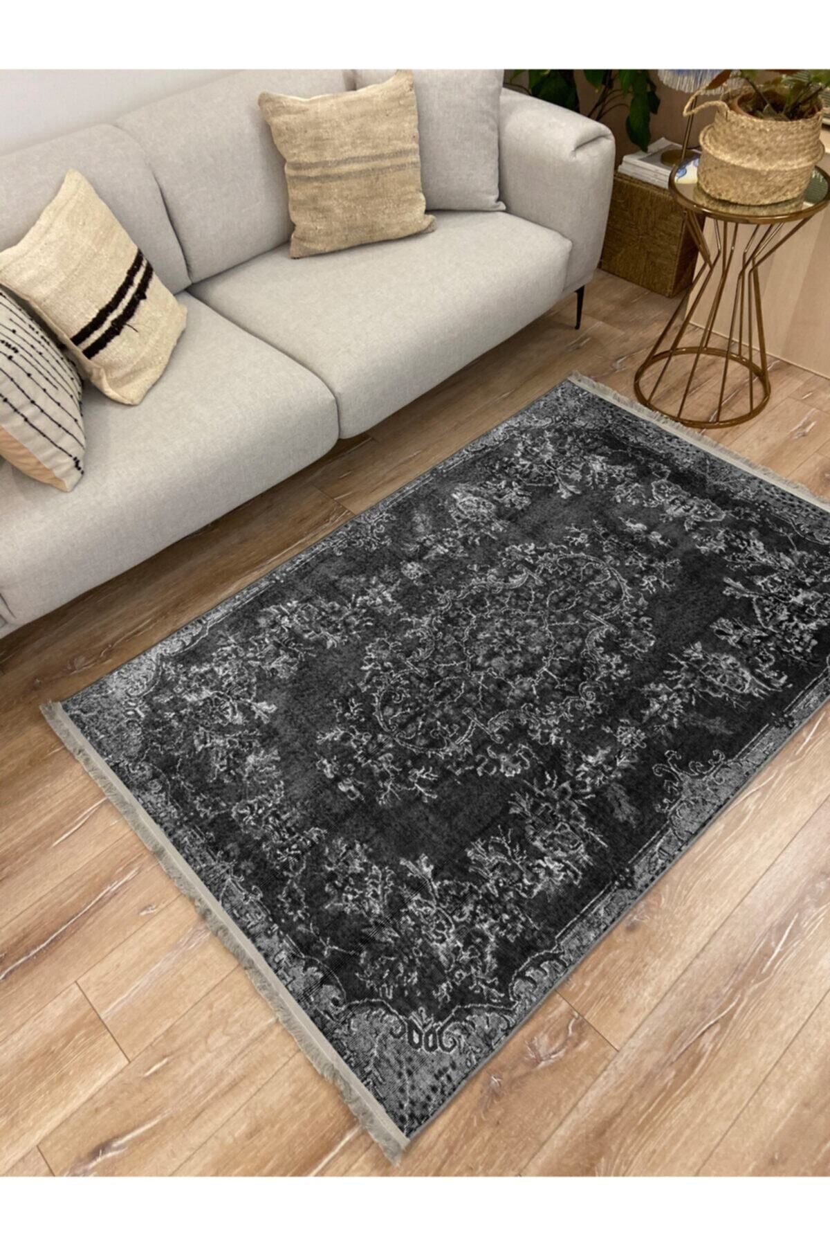 Halı Vagonu 2002 Gri Tonlarında Geometrik Desen Kaymaz Taban Dekoratif Halı