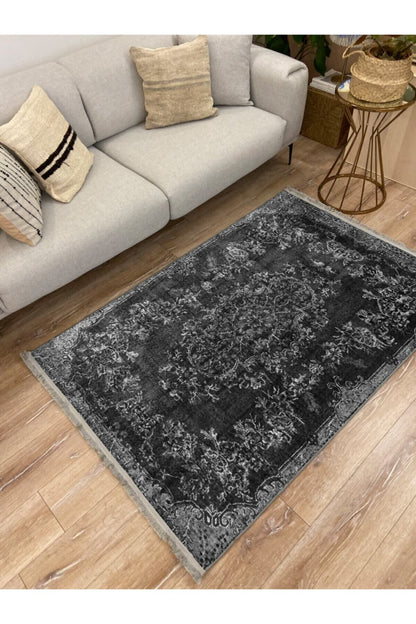 Halı Vagonu 2002 Gri Tonlarında Geometrik Desen Kaymaz Taban Dekoratif Halı