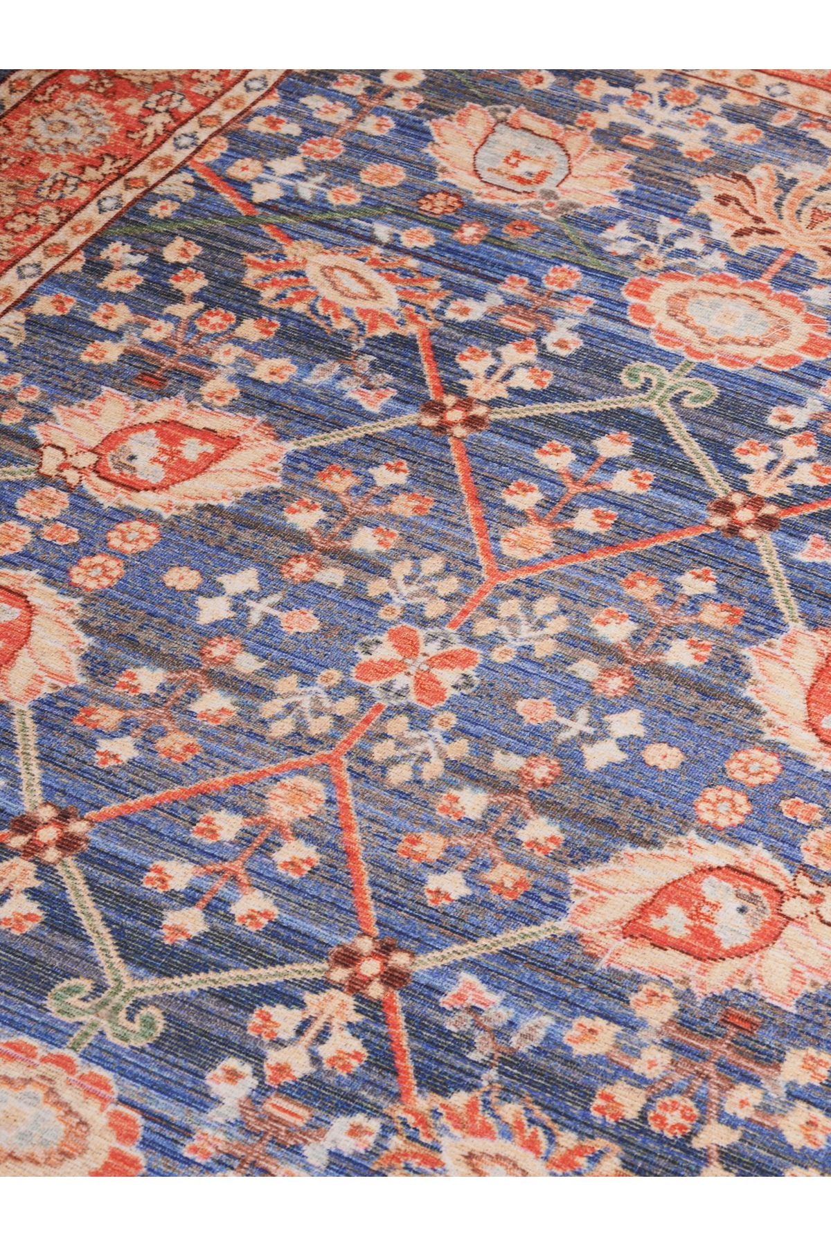 Halı Vagonu 2030 Pastel Lacivert Kiremit Çiçekli Retro Bohem Dokuma Taban Salon Halısı Mutfak Halısı