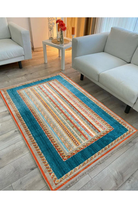 Halı Vagonu 2017 Mavi Tonunda Geometrik Desen Kaymaz Taban Dekoratif Halı