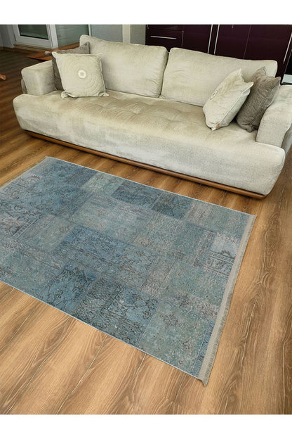Halı Vagonu 2091 Mavi Tonlarında Patchwork Eskitme Desen Kaymaz Taban Dekoratif Halı