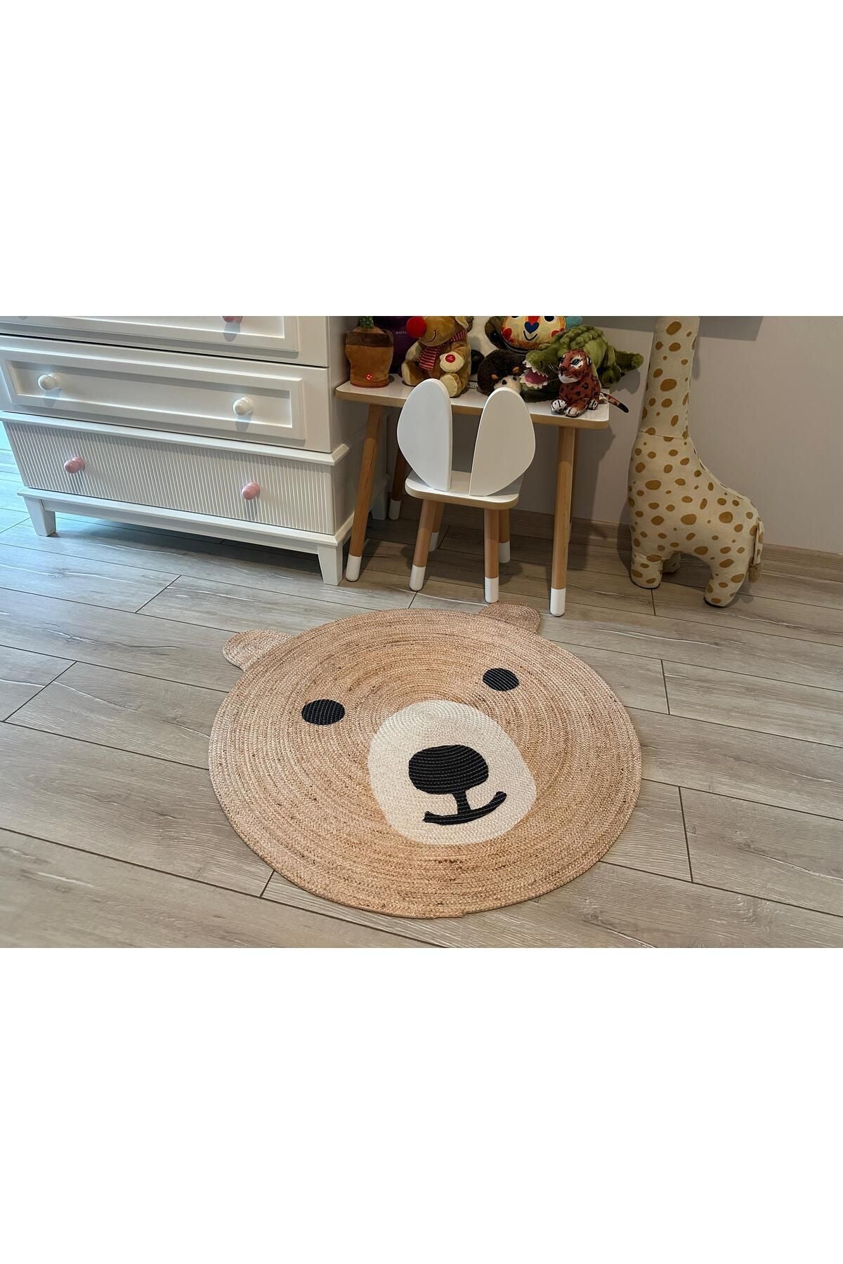 Boho 958 Sevimli Ayıcık Örgü Taban Yuvarlak Natural Çift Taraflı Çocuk ve Bebek Odası Halı