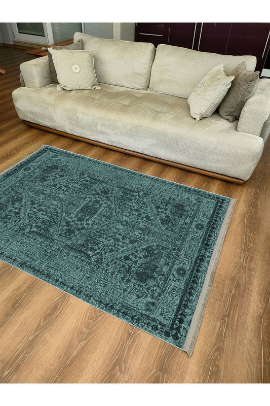 Halı Vagonu 2079 Yeşil Tonunda Dekoratif Halı Salon Halısı Saçaklı Yıkanabilen Halı