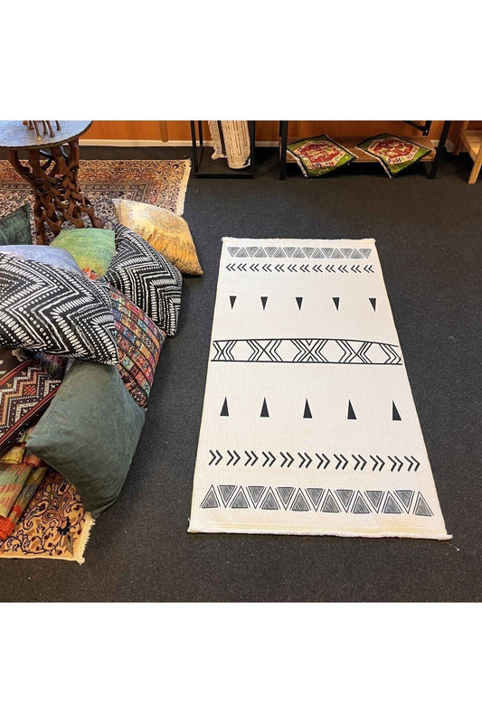 Yumuşak Dokulu  Soft Kilim Ekru - Saçaklı Dijital Baskı HV-SK-201