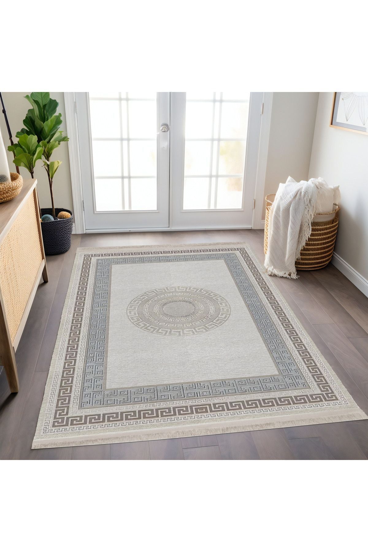 Halı Vagonu 136 Monogram Gri Bej Modern Dokuma Taban Halı