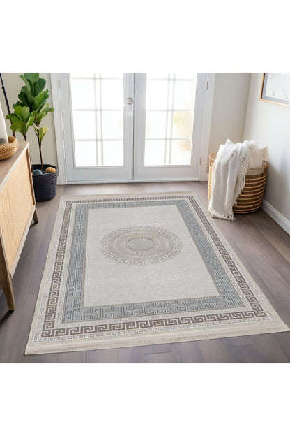 Halı Vagonu 136 Monogram Gri Bej Modern Dokuma Taban Halı