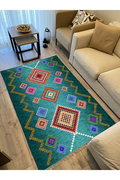 COTTON KİLİM 3669 Yeşil Tonlarında İskandinav Desenli Dekoratif Kilim
