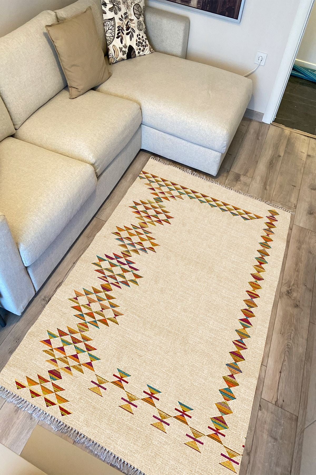 Cotton Serisi Multy Tonlarında Hasır Görünümlü Geometrik Eskitme Desen Dekoratif Dokuma Taban Kilim
