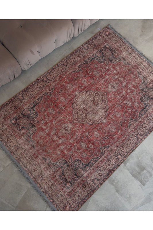 Halı Vagonu 2130 Kırmızı Gri Pastel Klasik Vintage Dokuma Taban Halı