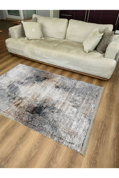 Mars 2163 Gri Tonlarında Klasik Eskitme Desen Saçaklı Dekoratif Halı