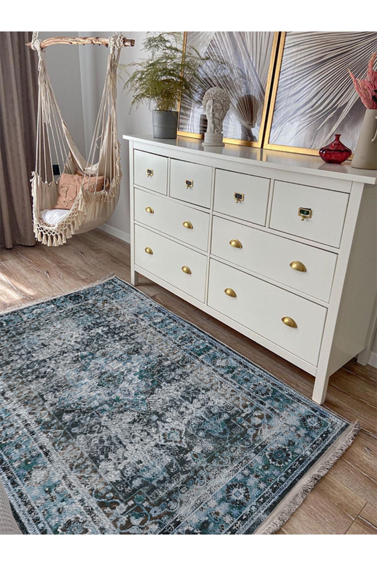 Halı Vagonu85 Etnik Desenli Yıkanabilir Kaymaz Tabanlı Salon Halısı, Koridor Ve Mutfak Halısı