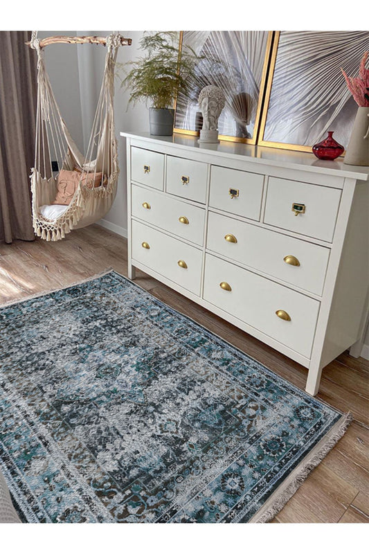 Halı Vagonu85 Etnik Desenli Yıkanabilir Kaymaz Tabanlı Salon Halısı, Koridor Ve Mutfak Halısı