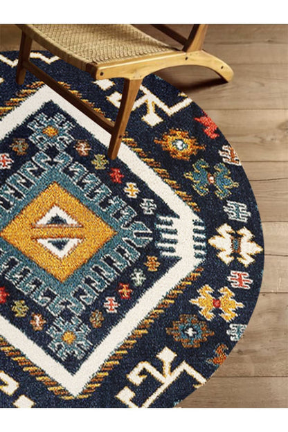 Boho 952 Lacivert Etnik Ve Geometrik Jüt Rengi Örgü Yuvarlak Natural Çift Taraflı Halı