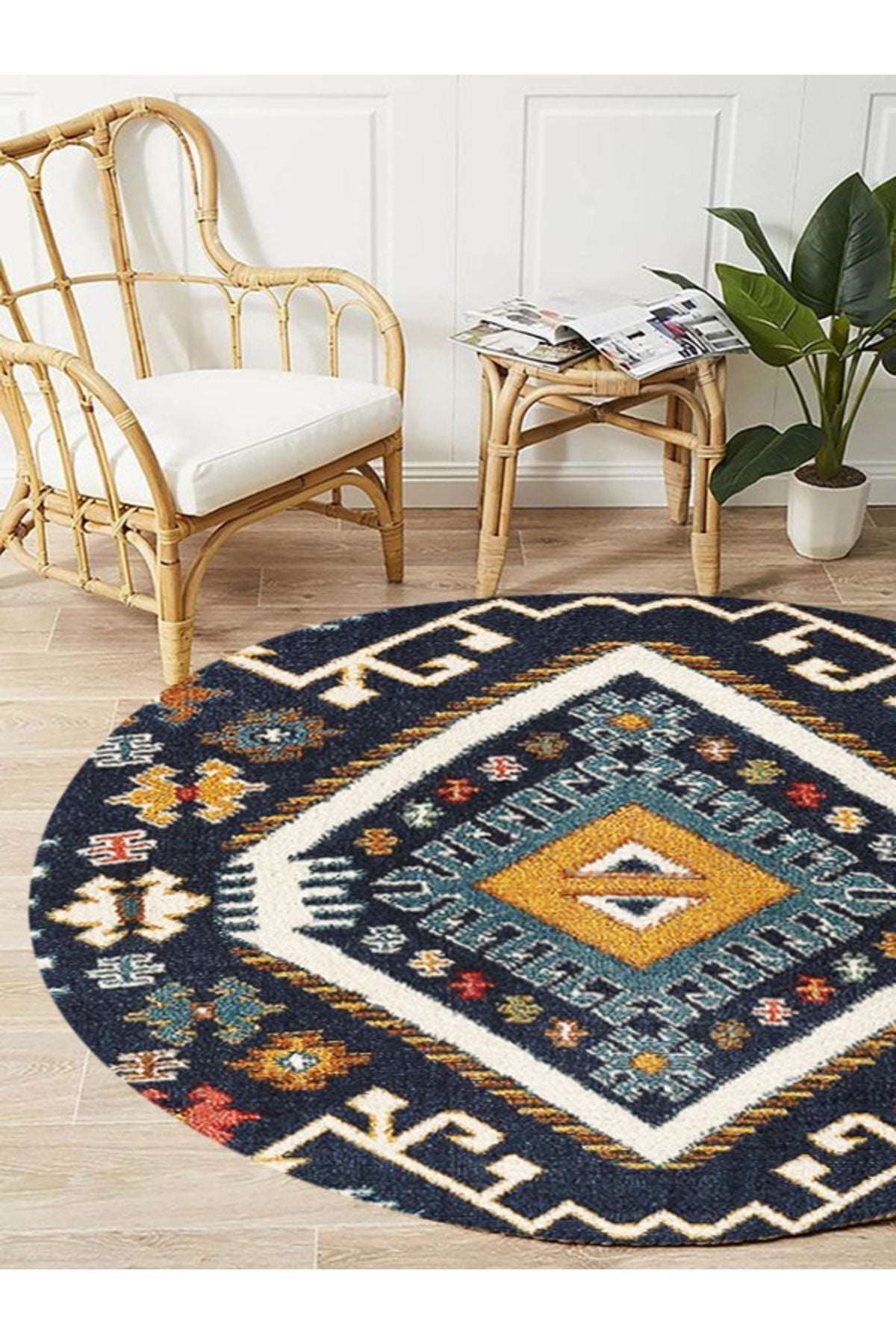 Boho 952 Lacivert Etnik Ve Geometrik Jüt Rengi Örgü Yuvarlak Natural Çift Taraflı Halı