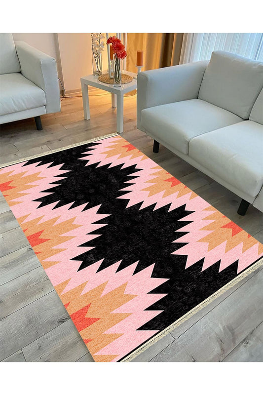 Cotton Serisi Siyah Ve Pembe Tonlarında Geometrik Desen Dekoratif Dokuma Taban Kilim