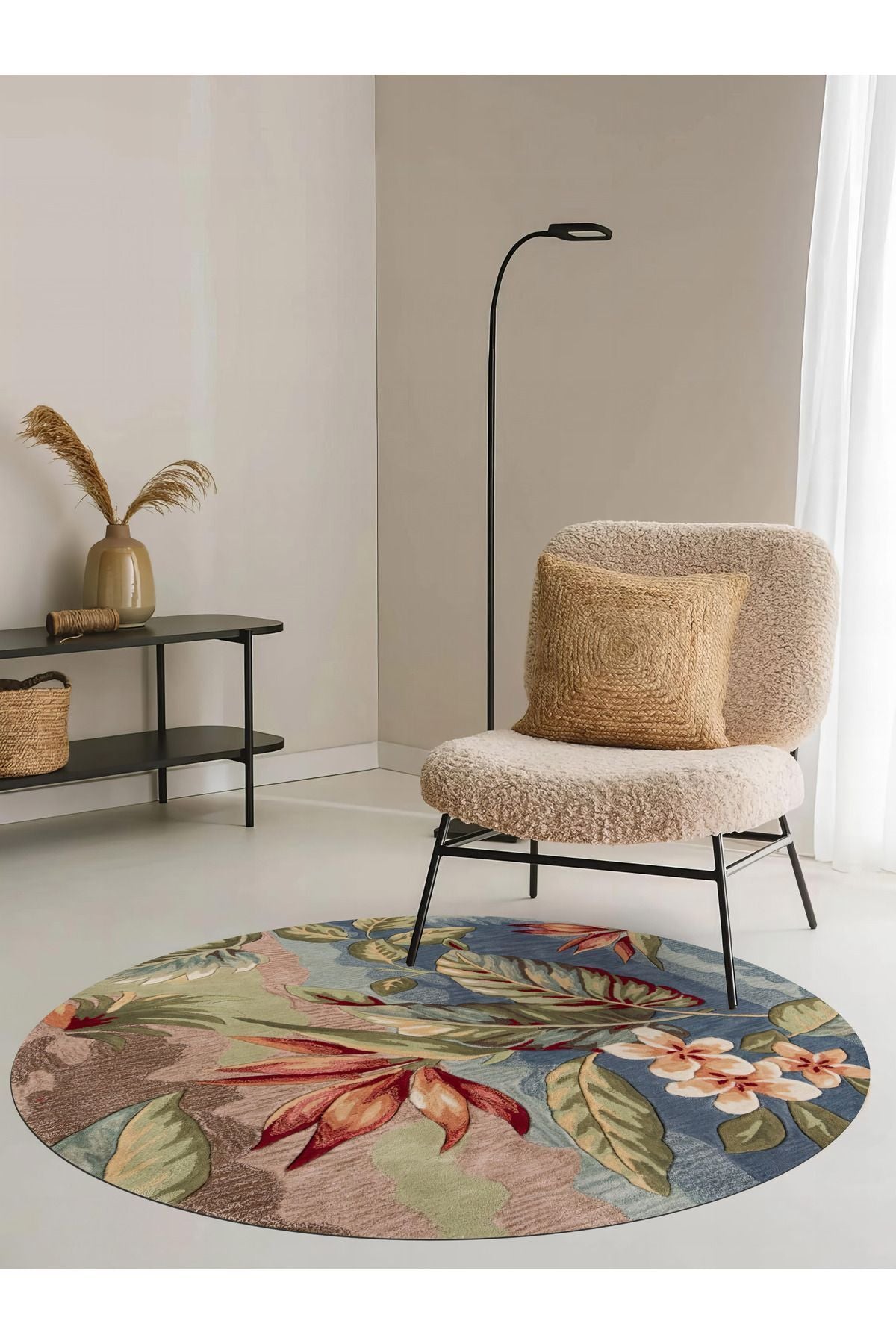 Halı Vagonu 153 Pastel Tonlar Çiçekli Floral Çok Renkli Dokuma Taban Yuvarlak Halı