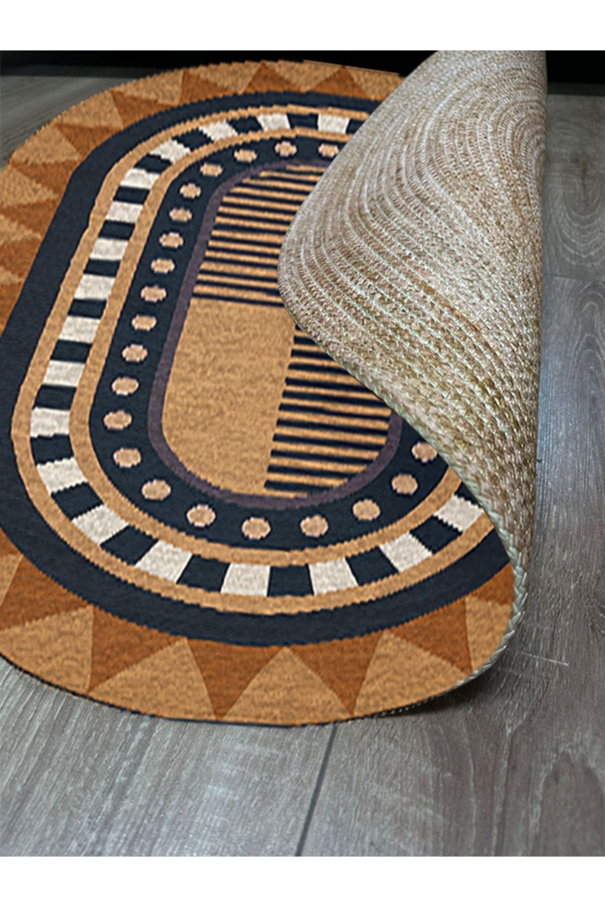 Boho 979 Jüt Hasır Etnik Desenli Oval Jüt Örme Doğal Hasır Natural Oval Halı