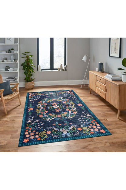 Halı Vagonu 2184 Lacivert Botanik Floral Çiçeksi Modern Ve Country Stil Dokuma Taban Halı