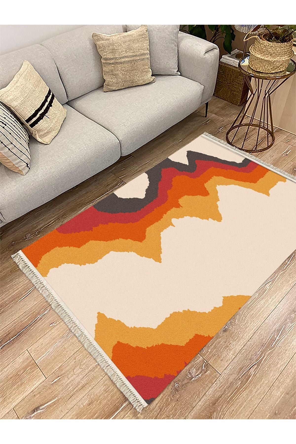 Cotton Serisi Kırmızı Tonlarında Alevli Modern Desen Dekoratif Dokuma Taban Kilim