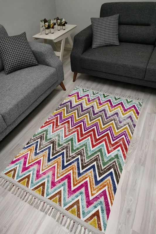 Cotton Serisi Multy Tonlarında Zikzak Eskitme Desenli Dekoratif Dokuma Taban Kilim