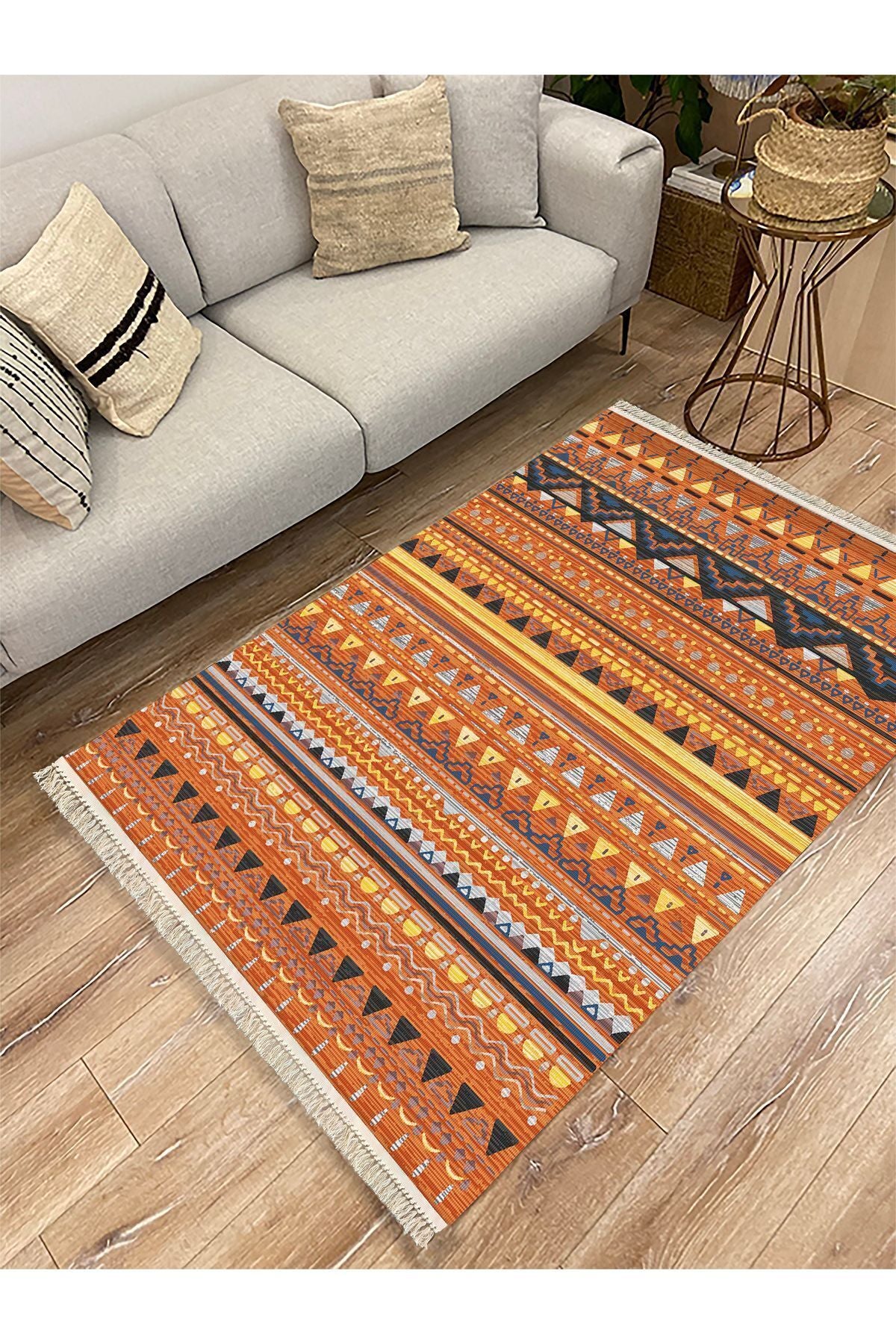 Cotton Kilim 25 Çok Renkli Geleneksel Motif Çizgili Desenli Dekoratif Yıkanabilen Dokuma Taban Kilim