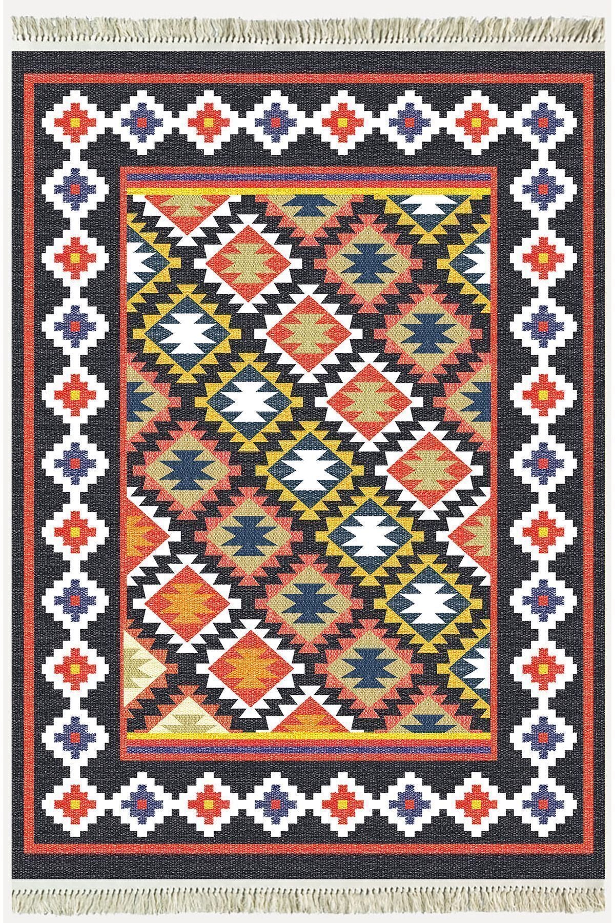 Cotton Kilim 42 Lacivert Zeminli Geneleksel Motifler Modern Dekoratif Yıkanabilen Dokuma Kilim