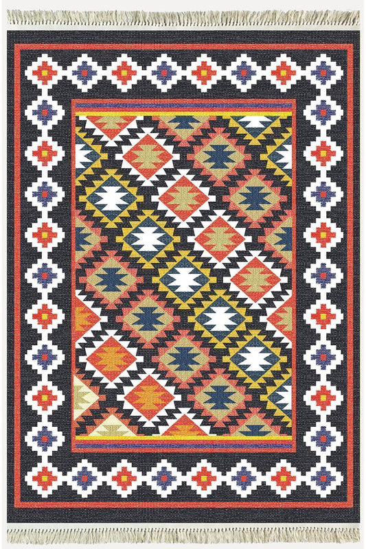 Cotton Kilim 42 Lacivert Zeminli Geneleksel Motifler Modern Dekoratif Yıkanabilen Dokuma Kilim