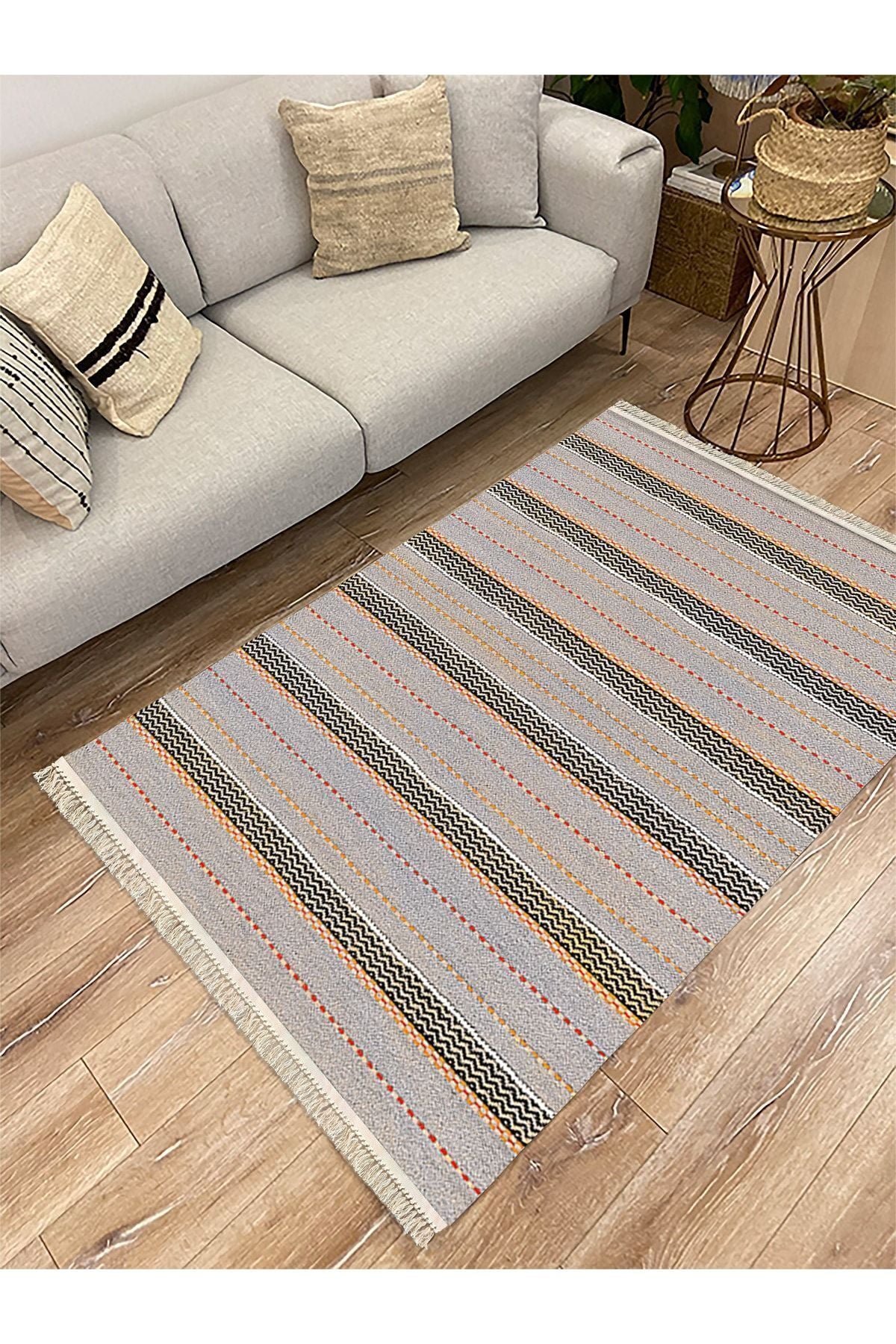 Cotton Serisi Gri Tonlarında Düz Çıtır Çizgili Multy Ponponlu Dekoratif Dokuma Taban Kilim