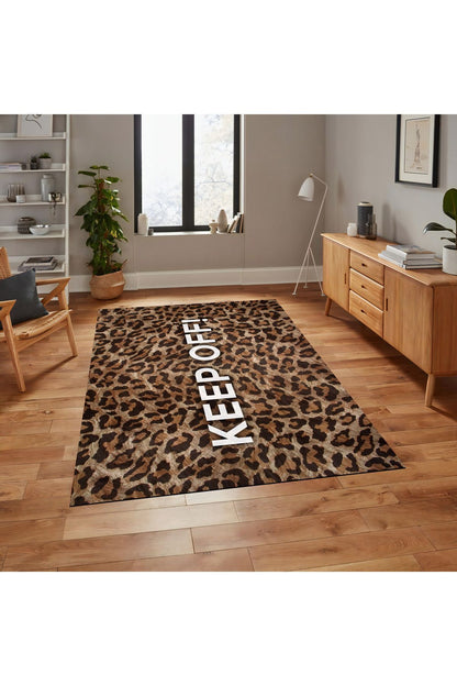 Halı Vagonu 146 Leopar Keep Off Yazılı Modern Dokuma Taban Halı
