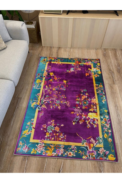 Halı Vagonu 78 Mor Tonlarında Bordürlü Çiçek Temalı Dekoratif Salon Halısı Saçaklı Yıkanabilen Halı