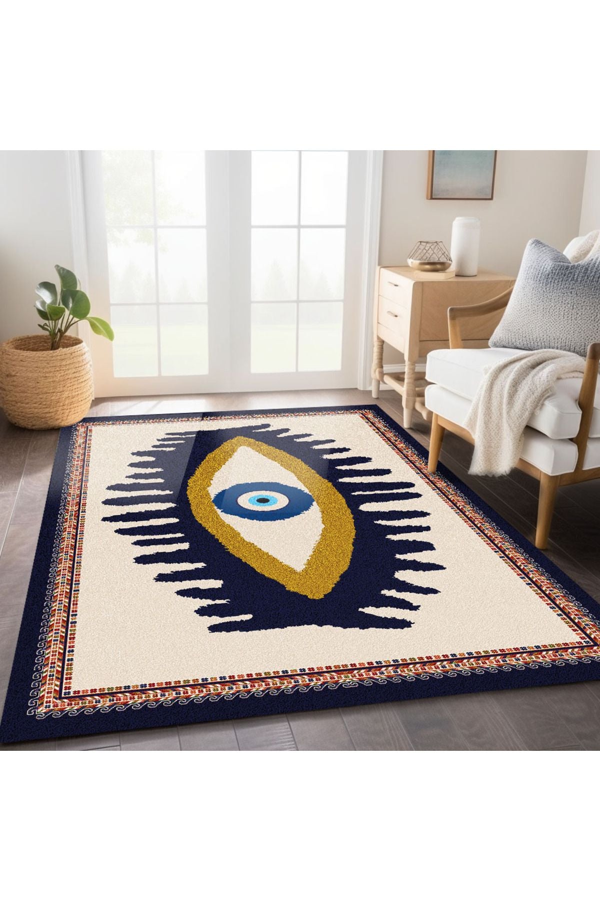 Göz Temalı Mavi Pastel Tonlarında Nazar Boncuğu Dokuma Taban Salon Halısı Çocuk Halısı  HV  252