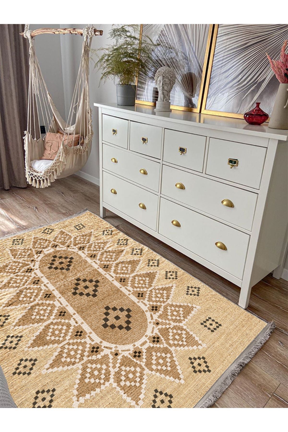 Halı Vagonu105 Jut Tonlarında Klasık Dekoratif Kilim Salon Halısı Saçaklı Yıkanabilen Halı