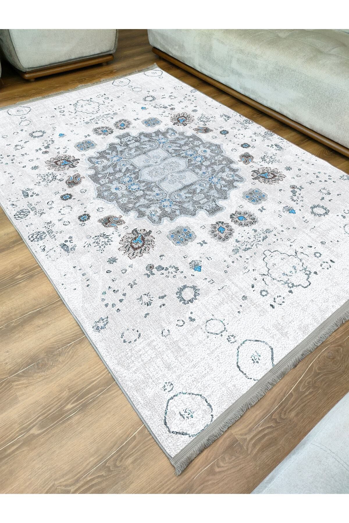 Halı Vagonu Serisi Gri Mavi Etnik Geometrik Desen Kaymaz Taban Şönil Halı