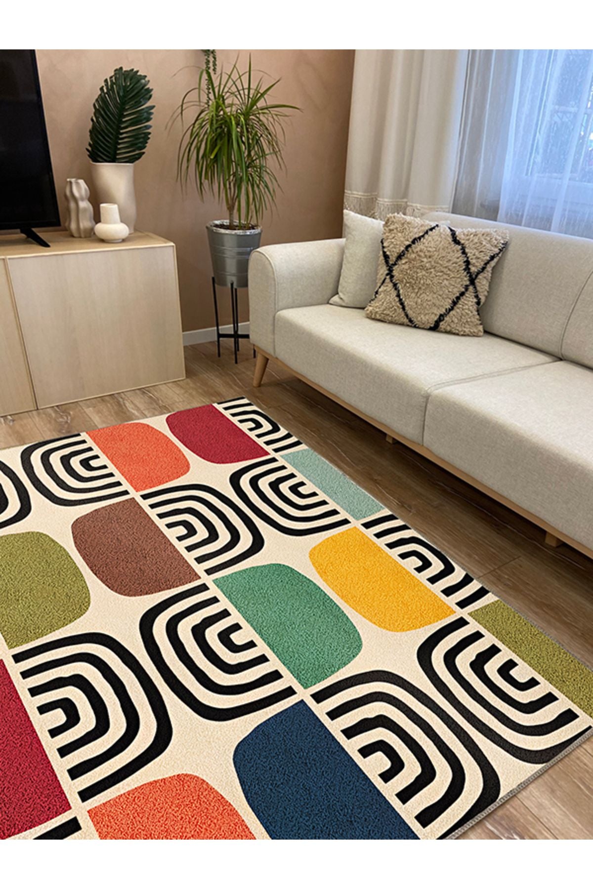 Halı Vagonu 141 Bej  Geometrik Modern Çok Renkli Modern  Dokuma Taban Halı