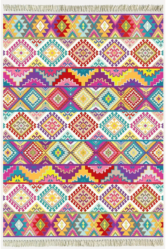 Cotton Serisi Multy Tonlarında Baklavalı Desen Dekoratif Dokuma Taban Kilim