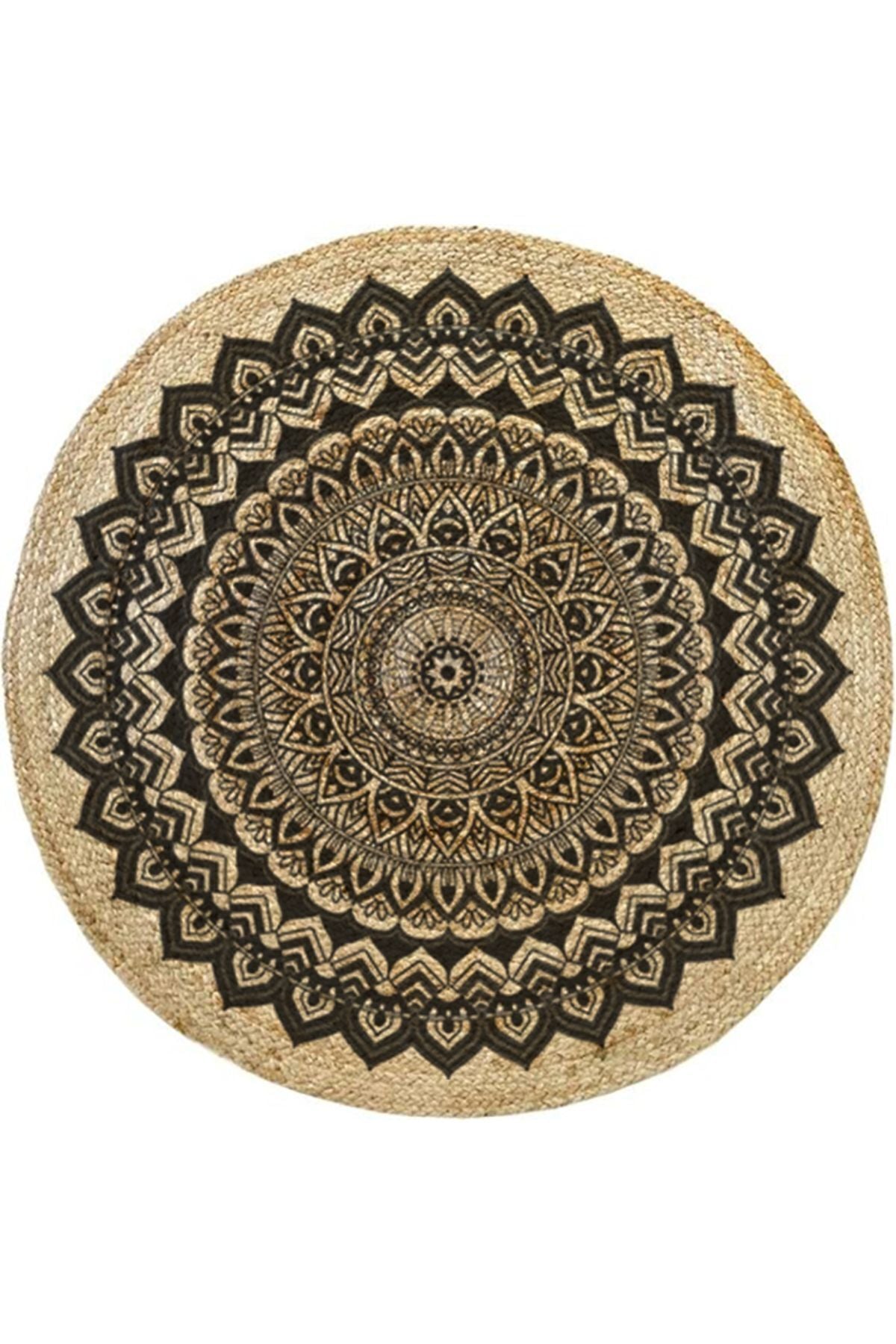 Boho 900 Mandala Desenli Etnik Örgü Yuvarlak Natural Çift Taraflı Halı - Detaylı görünüm, jüt örgülü yapısı ve doğal renk tonlarını sergileyen bir halı.