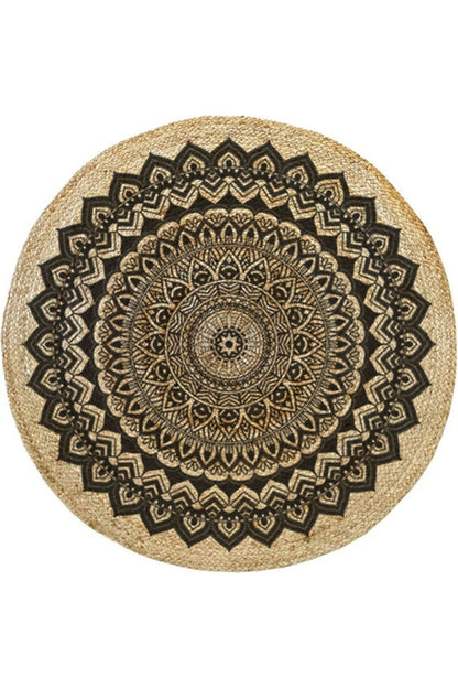 Boho 900 Mandala Desenli Etnik Örgü Yuvarlak Natural Çift Taraflı Halı - Detaylı görünüm, jüt örgülü yapısı ve doğal renk tonlarını sergileyen bir halı.