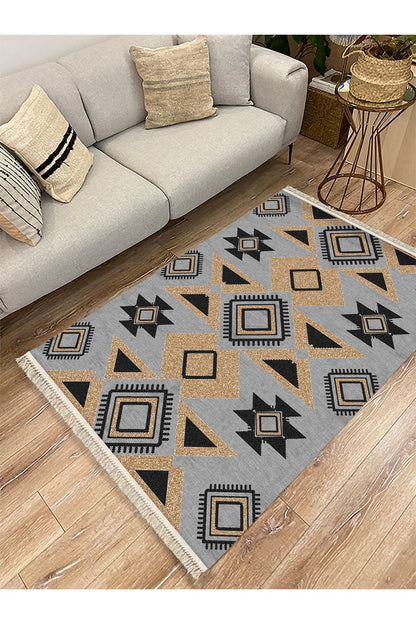 Cotton Kilim 49 Gri Zeminli Geneleksel Motifler Modern Dekoratif Yıkanabilen Dokuma Kilim