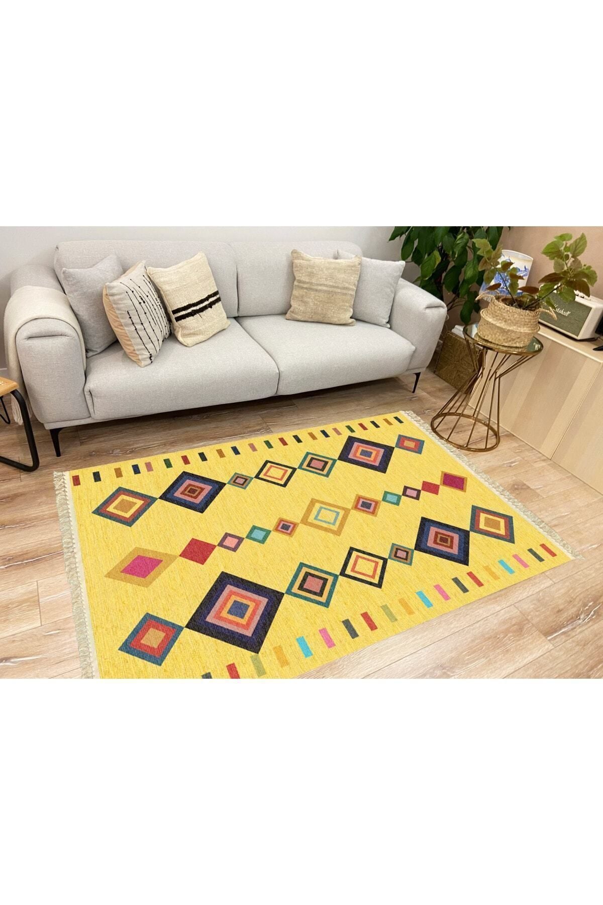 Cotton Serisi Sarı Tonunda Bordürlü Desen Dekoratif Dokuma Taban Kilim