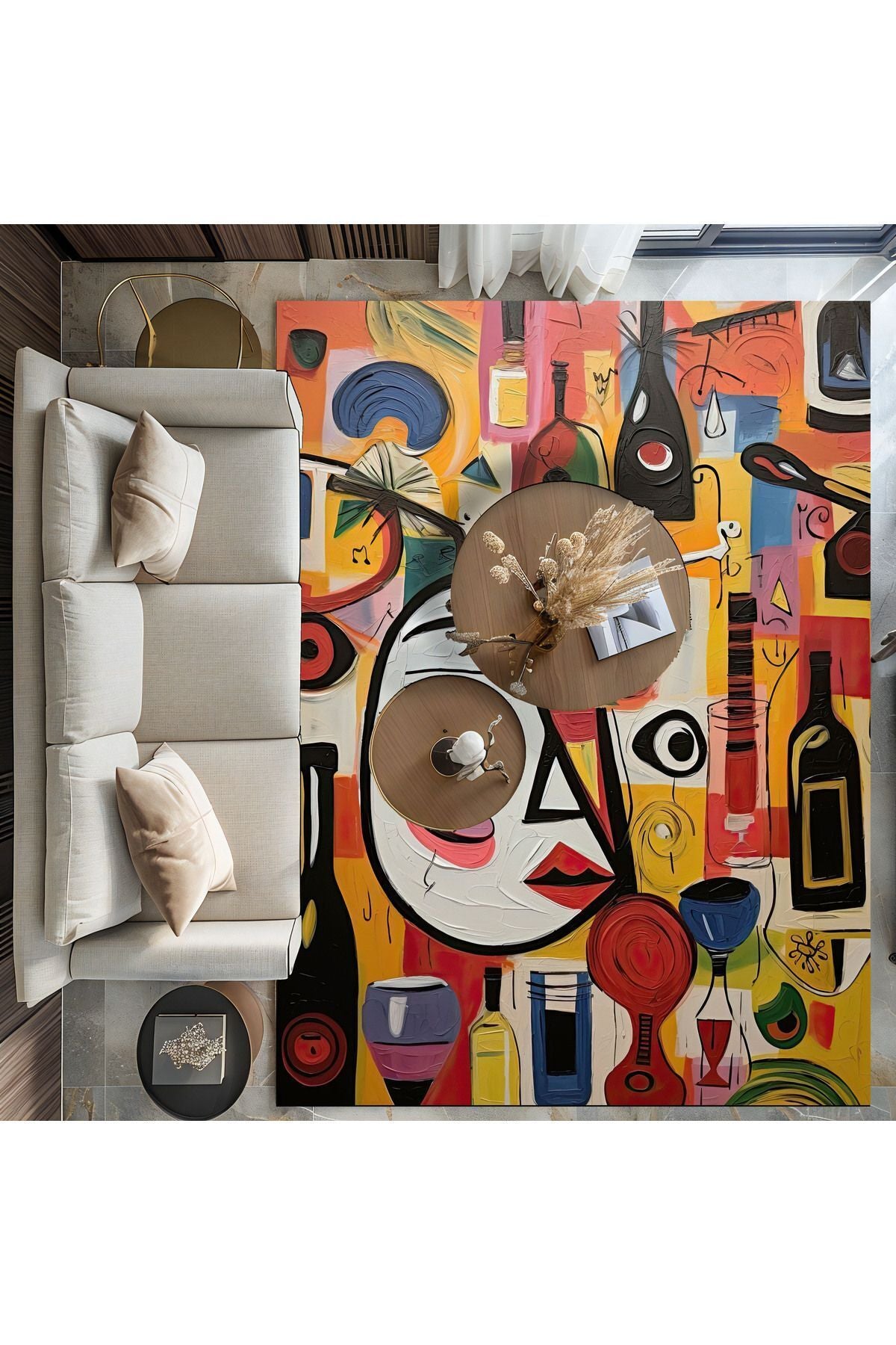 Halı Vagonu 161 Yüz ve Kadeh Temalı Tuval Boya Efektli Dokuma Taban Halı