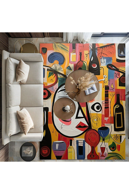 Halı Vagonu 161 Yüz ve Kadeh Temalı Tuval Boya Efektli Dokuma Taban Halı